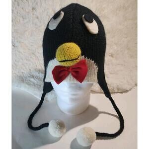 PENGUIN HAT knit BLACK Red bow tie Ski Cold Costume Ice Hockey Skating Winter